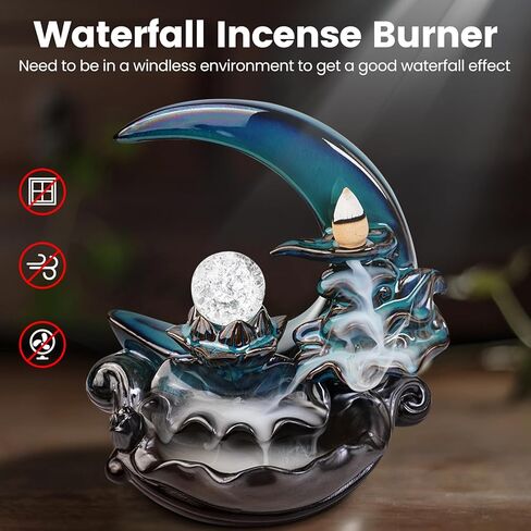 مبخرة شلال القمر، حامل البخور ذو التدفق الخلفي مع كرة كريستال، نافورة شلال البخور، مبخرة بخور سيراميك مصنوعة يدويًا للمنزل زن ديكور سبا اليوغا والتأمل، هدايا للنساء لعيد الميلاد in Kuwait
