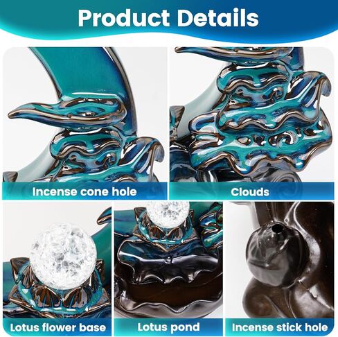 مبخرة شلال القمر، حامل البخور ذو التدفق الخلفي مع كرة كريستال، نافورة شلال البخور، مبخرة بخور سيراميك مصنوعة يدويًا للمنزل زن ديكور سبا اليوغا والتأمل، هدايا للنساء لعيد الميلاد in Kuwait