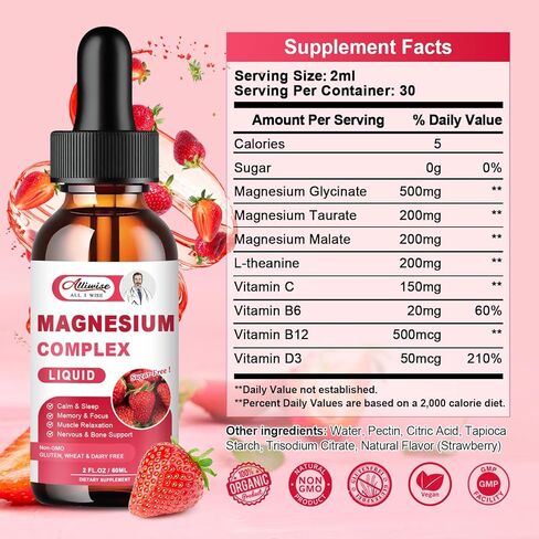 2 Pack Triple Magnesium Complex Liquid Drops Blend with Magnesium Glycinate 500mg, Malate and Taurate for Max Bio-Availability | High Absorption | Vegan, Non-GMO | Nerv, Relaxation, Muscle & Sleep in Kuwait