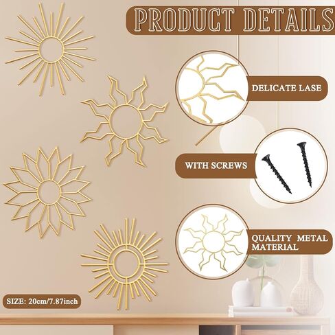 Pelopy 4 قطع بوهو معدنية جدار الفن بوهو المعادن مجردة جدار ديكور الذهب 7.87 بوصة بوهيميا أمة الله جدار ديكور شنقا زخرفة الشمس لغرفة النوم غرفة المعيشة المطبخ المنزل مزرعة جدار النحت in Kuwait