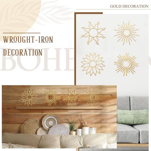 Pelopy 4 قطع بوهو معدنية جدار الفن بوهو المعادن مجردة جدار ديكور الذهب 7.87 بوصة بوهيميا أمة الله جدار ديكور شنقا زخرفة الشمس لغرفة النوم غرفة المعيشة المطبخ المنزل مزرعة جدار النحت in Kuwait