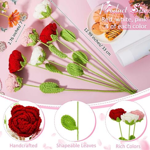 Riceshoot 12 Pcs Valentines Day Handmade Crochet Flowers Crochet Rose Knitted Artificial Floral Fake Plants for Bouquet Home Outdoor Gift Wife Girlfriend Birthday Wedding Kitchen Decoration Office in Saudi Arabia