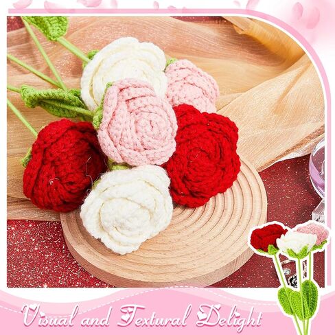 Riceshoot 12 Pcs Valentines Day Handmade Crochet Flowers Crochet Rose Knitted Artificial Floral Fake Plants for Bouquet Home Outdoor Gift Wife Girlfriend Birthday Wedding Kitchen Decoration Office in Saudi Arabia