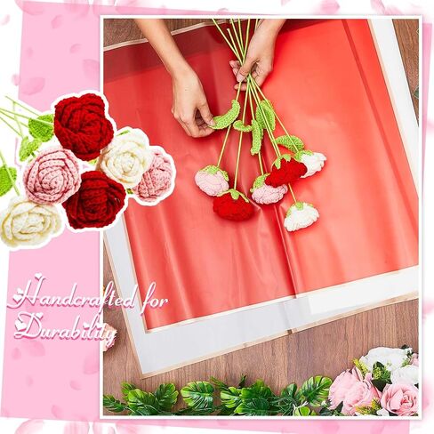 Riceshoot 12 Pcs Valentines Day Handmade Crochet Flowers Crochet Rose Knitted Artificial Floral Fake Plants for Bouquet Home Outdoor Gift Wife Girlfriend Birthday Wedding Kitchen Decoration Office in Saudi Arabia