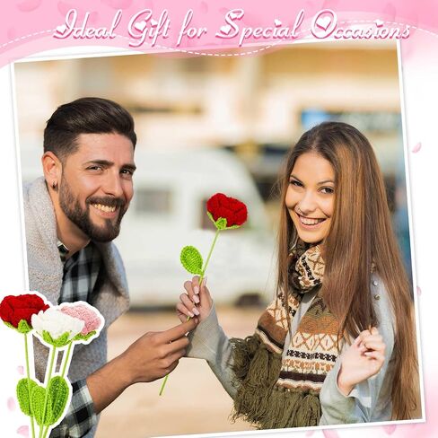 Riceshoot 12 Pcs Valentines Day Handmade Crochet Flowers Crochet Rose Knitted Artificial Floral Fake Plants for Bouquet Home Outdoor Gift Wife Girlfriend Birthday Wedding Kitchen Decoration Office in Saudi Arabia