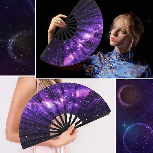 2 Pcs Galaxy Satin Rave Folding Hand Fan Chinese Japanese Large Handheld Fan Plastic Ribs Decorative Folding Fans with Fabric Case for Women Men Gifts, Dance Festival Party Performance Decorations in Saudi Arabia