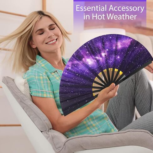 2 Pcs Galaxy Satin Rave Folding Hand Fan Chinese Japanese Large Handheld Fan Plastic Ribs Decorative Folding Fans with Fabric Case for Women Men Gifts, Dance Festival Party Performance Decorations in Saudi Arabia