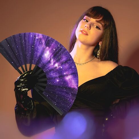 2 Pcs Galaxy Satin Rave Folding Hand Fan Chinese Japanese Large Handheld Fan Plastic Ribs Decorative Folding Fans with Fabric Case for Women Men Gifts, Dance Festival Party Performance Decorations in Saudi Arabia