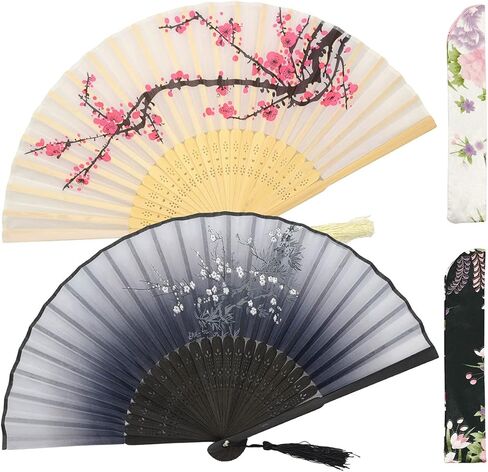 مراوح يدوية قابلة للطي للنساء من Leehome - قطعتان من مراوح حرير الخيزران الصينية اليابانية - للرقص، ومهرجان الموسيقى، وحفلات الزفاف، والحفلات، والديكورات، والهدايا. (زهر البرقوق الأبيض وزهر البرقوق الرمادي) in Kuwait