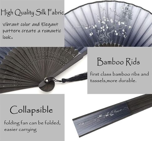 مراوح يدوية قابلة للطي للنساء من Leehome - قطعتان من مراوح حرير الخيزران الصينية اليابانية - للرقص، ومهرجان الموسيقى، وحفلات الزفاف، والحفلات، والديكورات، والهدايا. (زهر البرقوق الأبيض وزهر البرقوق الرمادي) in Kuwait