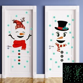 4 Sheets Christmas Door Stickers Decor Large Snowman Stickers Luminous Snowman Door Stickers with Snowflake Decals for Refrigerator Wall Window Christmas Door Decorations (Lovely Style)