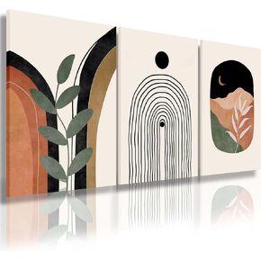 Sage Green Wall Posters & Prints, Green Boho Wall Art Set of 3, Minimalist Framed Wall Art Geometric Line Leaf Sun Moon Beige Green Canvas Artwork Paintings in Saudi Arabia