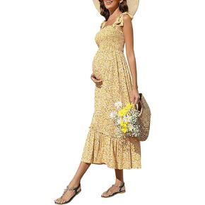 FUNJULY Smocked Maternity Boho Summer Dress Casual Spaghetti Strap Ruffle Sleeveless Swing Maxi Dress Baby Shower Photoshoot