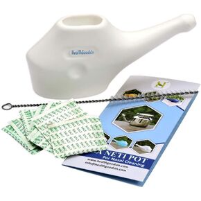 وعاء Neti السيراميكي من HealthGoodsIn Traveller لتنظيف الأنف مع 5 أكياس ملح Neti + 2 طرف مخروطي من السيليكون (سيراميك أبيض)