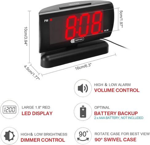 ZOOS ساعة منبه لغرفة النوم 5 بوصة كبيرة LED ساعة رقمية لكبار السن، منبه بسيط خافت لغرف النوم، حجم قابل للتعديل/غفوة/بطارية احتياطية/قاعدة دوارة هدية للأطفال المسنين في المنزل والمكتب in Kuwait
