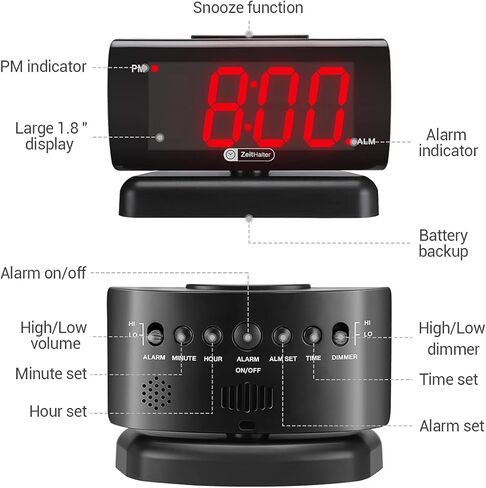 ZOOS ساعة منبه لغرفة النوم 5 بوصة كبيرة LED ساعة رقمية لكبار السن، منبه بسيط خافت لغرف النوم، حجم قابل للتعديل/غفوة/بطارية احتياطية/قاعدة دوارة هدية للأطفال المسنين في المنزل والمكتب in Kuwait
