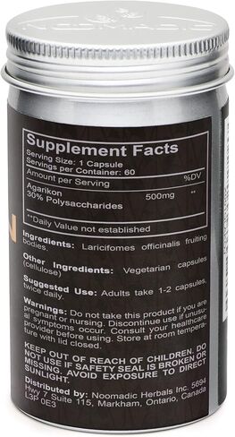 فطر نوماديك أجريكون، 60 كبسولة، 500 مجم لكل منها، دعم المناعة، مستخلص الماء الساخن، أجسام الفاكهة، 30% بوليسكاريد in Kuwait