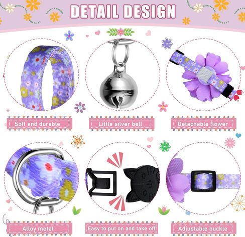 8 Pieces Cat Collars with Bell Kitten Collars Removable Flower Adjustable Breakaway Cat Collar Colorful Flower Kitten Collar with Bell for Pets Girl Cats (Medium) in Saudi Arabia