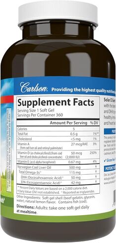 Carlson - Solar D Gems, Vitamin D3 and Omega-3 Supplement, 2000 IU (50 mcg) Vitamin D3, 115 mg Omega-3s EPA and DHA Supplement, Wild Caught, Sustainably Sourced, Lemon, 360 Softgels in Saudi Arabia