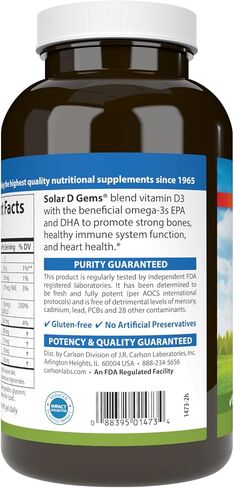 Carlson - Solar D Gems, Vitamin D3 and Omega-3 Supplement, 2000 IU (50 mcg) Vitamin D3, 115 mg Omega-3s EPA and DHA Supplement, Wild Caught, Sustainably Sourced, Lemon, 360 Softgels in Saudi Arabia