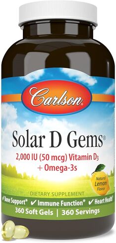 Carlson - Solar D Gems, Vitamin D3 and Omega-3 Supplement, 2000 IU (50 mcg) Vitamin D3, 115 mg Omega-3s EPA and DHA Supplement, Wild Caught, Sustainably Sourced, Lemon, 360 Softgels in Saudi Arabia