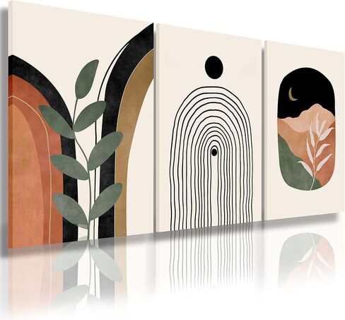 Sage Green Wall Posters & Prints, Green Boho Wall Art Set of 3, Minimalist Framed Wall Art Geometric Line Leaf Sun Moon Beige Green Canvas Artwork Paintings in Saudi Arabia