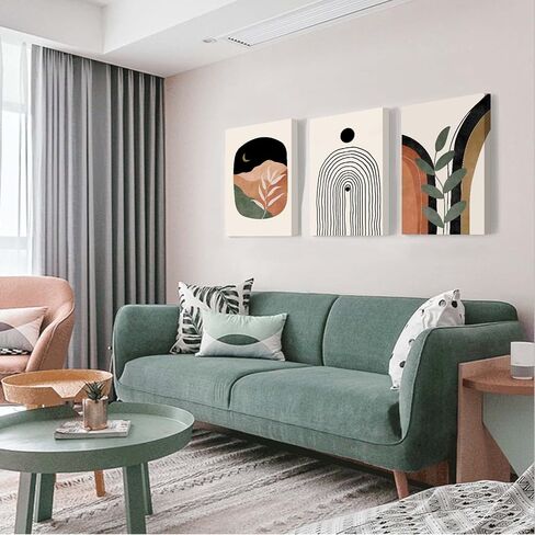 Sage Green Wall Posters & Prints, Green Boho Wall Art Set of 3, Minimalist Framed Wall Art Geometric Line Leaf Sun Moon Beige Green Canvas Artwork Paintings in Saudi Arabia