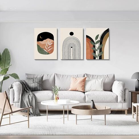 Sage Green Wall Posters & Prints, Green Boho Wall Art Set of 3, Minimalist Framed Wall Art Geometric Line Leaf Sun Moon Beige Green Canvas Artwork Paintings in Saudi Arabia
