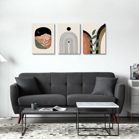 Sage Green Wall Posters & Prints, Green Boho Wall Art Set of 3, Minimalist Framed Wall Art Geometric Line Leaf Sun Moon Beige Green Canvas Artwork Paintings in Saudi Arabia
