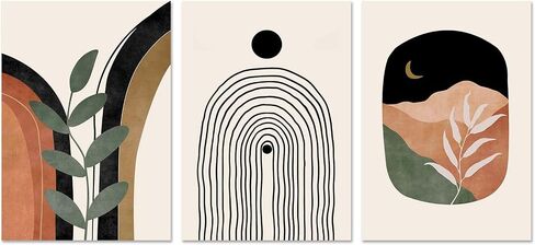 Sage Green Wall Posters & Prints, Green Boho Wall Art Set of 3, Minimalist Framed Wall Art Geometric Line Leaf Sun Moon Beige Green Canvas Artwork Paintings in Saudi Arabia