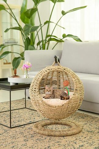 YoSpot Hand Made Wicker Cat Bed Basket Swinging Pet House Nest for Small Dog Cat with Cushion in Saudi Arabia