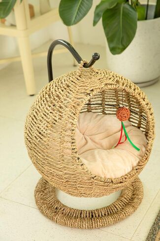 YoSpot Hand Made Wicker Cat Bed Basket Swinging Pet House Nest for Small Dog Cat with Cushion in Saudi Arabia