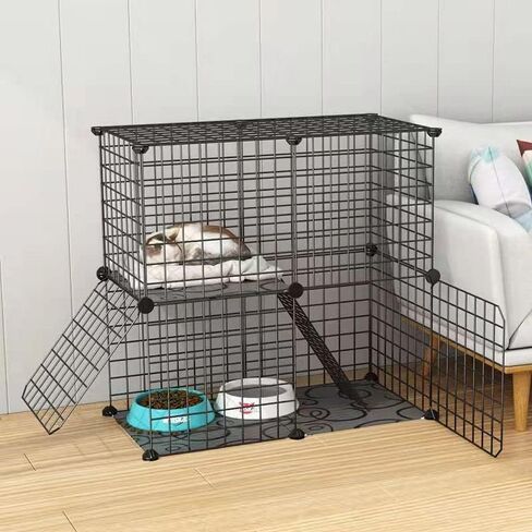 2 Tier Metal Cat Cage Indoor Cat Enclosures DIY Cat Playpen Metal Kennel for Small and Medium Cats Kittens Kitty（Black） in Kuwait