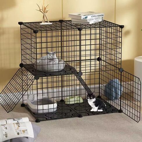 2 Tier Metal Cat Cage Indoor Cat Enclosures DIY Cat Playpen Metal Kennel for Small and Medium Cats Kittens Kitty（Black） in Kuwait
