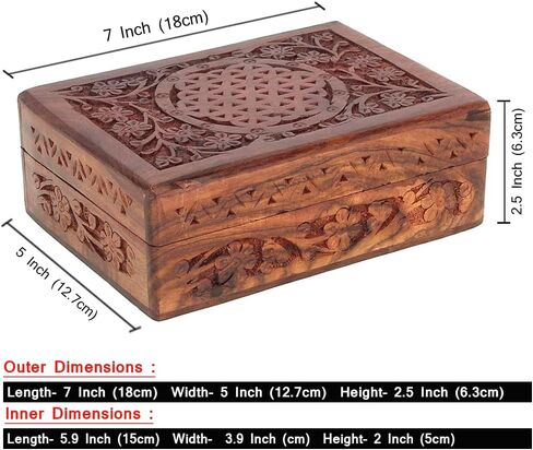 Ajuny Hand Carved Wooden Decorative Jewelry Storage Box For Women Keepsake Storage Organizer With Floral Patterns 7x5 Inch in Saudi Arabia