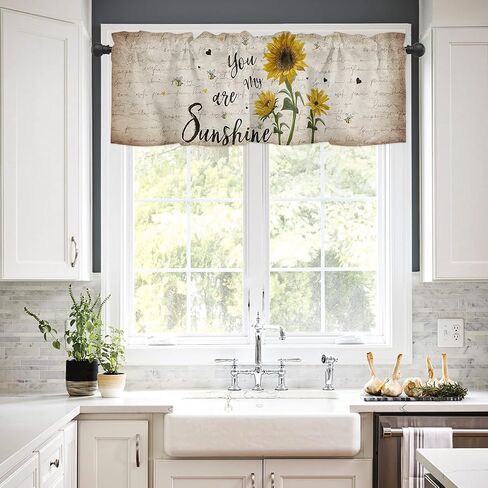 Bubkan Farm Sunflower with Cute Bees Kitchen Curtain Valances for Windows Living Room Bedroom Retro Letter Style Privacy Panel Rod Pocket Window Treatment Draper-54x18in in Saudi Arabia