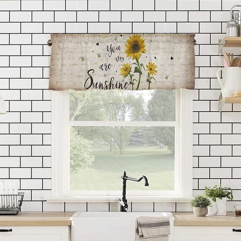 Bubkan Farm Sunflower with Cute Bees Kitchen Curtain Valances for Windows Living Room Bedroom Retro Letter Style Privacy Panel Rod Pocket Window Treatment Draper-54x18in in Saudi Arabia