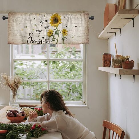 Bubkan Farm Sunflower with Cute Bees Kitchen Curtain Valances for Windows Living Room Bedroom Retro Letter Style Privacy Panel Rod Pocket Window Treatment Draper-54x18in in Saudi Arabia