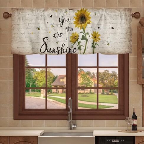 Bubkan Farm Sunflower with Cute Bees Kitchen Curtain Valances for Windows Living Room Bedroom Retro Letter Style Privacy Panel Rod Pocket Window Treatment Draper-54x18in in Saudi Arabia
