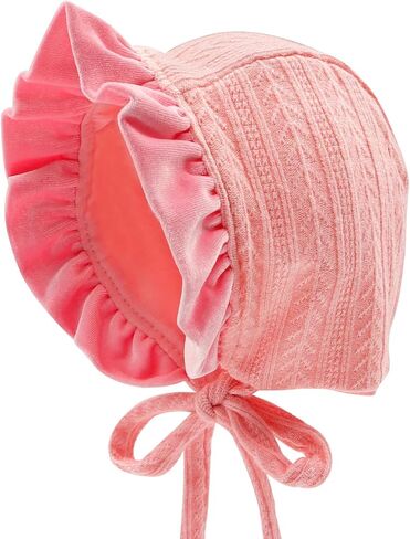 HADEEONG Baby Girls Bonnet Ultra Soft Christening Bonnet Cap Lovely Velvet Flounce Adjustable Hats 2-10 Months in Saudi Arabia