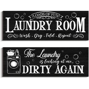 Creoate Laundry Room Decor, 2 Pieces Laundry Sign Wall Decor Funny Laundry Room Rules Decor Rustic Family White Wood Sign Hanging Plaque for Laundry Bathroom Wall Decor (Black) in Kuwait