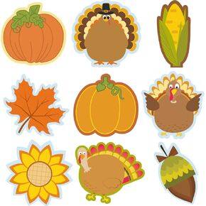 45 Pieces Thanksgiving Cutouts Fall Classroom Decoration, Fall Mix Colorful Cutouts Turkey Pumpkin Maple Leaves Acorn Corn Sunflower Cutouts with 100 Piece Adhesive Glue Point Dots Fall Theme Name Tag in Kuwait