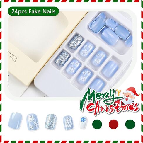 Christmas Press On Nails Long Coffin, 24pcs Christmas French Tip Press On Nails Long With Snowflake Designs Red Coffin False Fake Nails Artificial Nails For Women (Xmas Conffin) in Kuwait