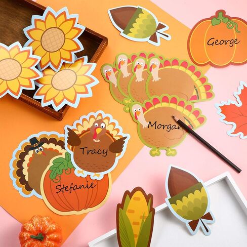 45 Pieces Thanksgiving Cutouts Fall Classroom Decoration, Fall Mix Colorful Cutouts Turkey Pumpkin Maple Leaves Acorn Corn Sunflower Cutouts with 100 Piece Adhesive Glue Point Dots Fall Theme Name Tag in Kuwait