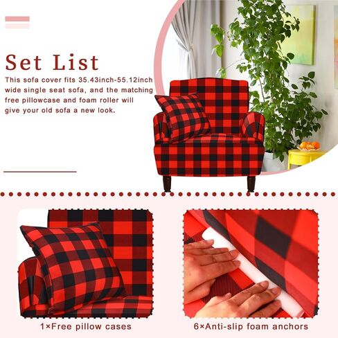 Buffalo Plaid Sofa Cover Valentine's Day Elastic Couch Cover Check Couch Cover with Throw Pillow Covers Sofa Slipcover for Valentines Decor Living Room Car Bed Sofa(Black, White, 1 Seat) in Saudi Arabia
