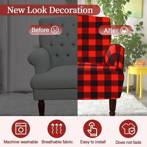 Buffalo Plaid Sofa Cover Valentine's Day Elastic Couch Cover Check Couch Cover with Throw Pillow Covers Sofa Slipcover for Valentines Decor Living Room Car Bed Sofa(Black, White, 1 Seat) in Saudi Arabia