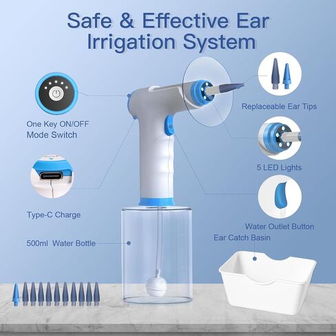 Ear Wax Removal, JOKARWAY Ear Cleaner, Ear Wax Removal Tool with 5 Lights, 4 Pressure Modes Ear Washer, Ear Irrigation Flushing System for Humans Kids 9+1 Ear Tips in Saudi Arabia