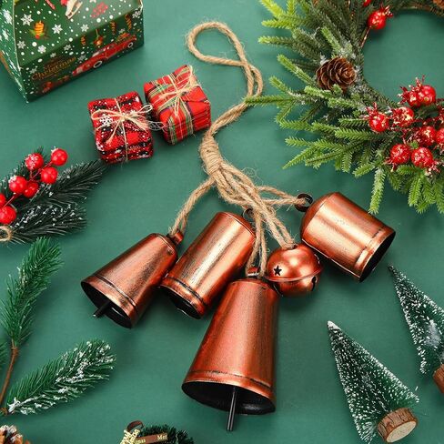 Lukmaa 2 حزمة أجراس البقرة عيد الميلاد مجموعة من 5 أجراس النحاس خمر للديكور ريفي عيد الميلاد شنقا أجراس العنقودية الزخرفية الذهب البقرة الجرس على حبل أجراس محظوظ للحرف مقبض الباب جدار شجرة عيد الميلاد in Kuwait