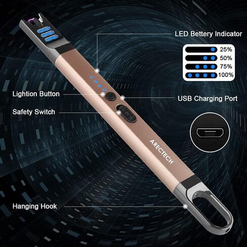 ولاعة ARECTECH ولاعة كهربائية، ولاعة شموع قابلة لإعادة الشحن، ولاعة USB طويلة للشموع، والطبخ، والتخييم، وحفلات الشواء، والألعاب النارية، بلون الشمبانيا الذهبي in Kuwait