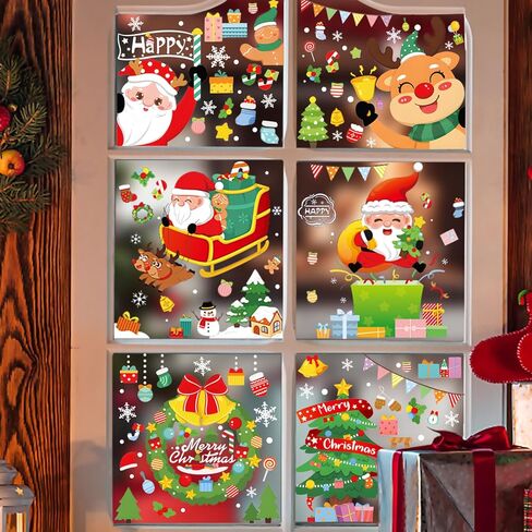 ملصقات نافذة عيد الميلاد من Dan River 10 أوراق 285 قطعة، ملصقات عيد الميلاد مزدوجة الجوانب، شارات النوافذ للنوافذ الزجاجية، أفلام نافذة ديكور عيد الميلاد ذاتية اللصق قابلة لإعادة الاستخدام | سانتا كلوز، الرنة، الثلج in Kuwait